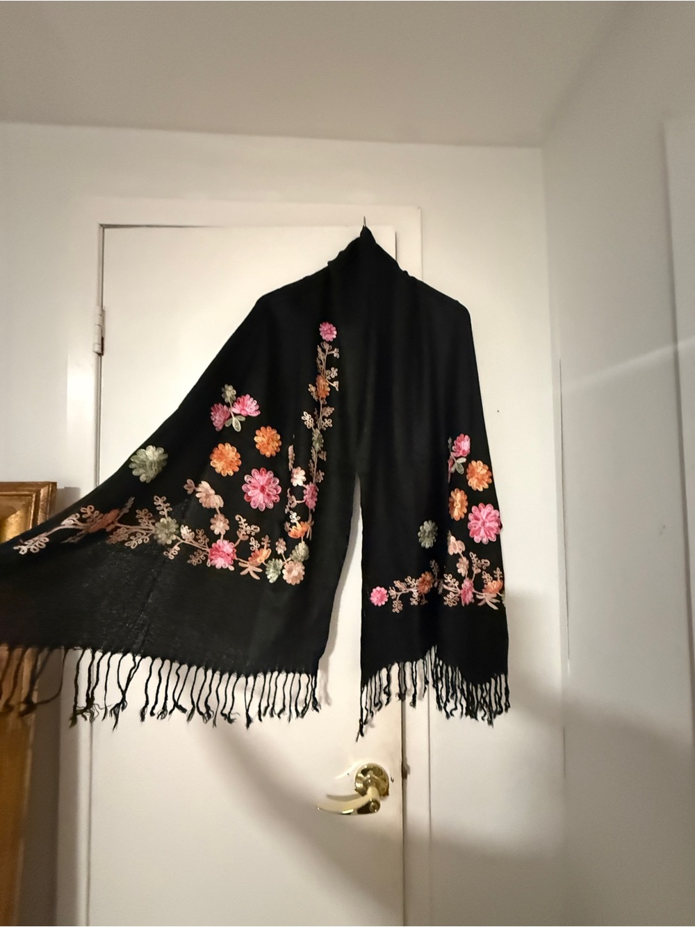Black Floral Embroidered pashmina Shawl Jacket - Women